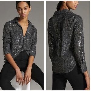 Anthropologie Silver Sequin Buttonup Size S